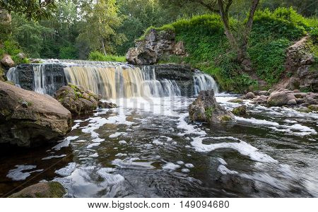 Wide angle view on Viata river waterfall. Belarus, Miorskiy district.