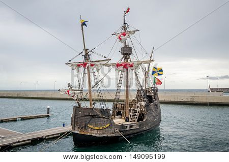 Santa Maria de Colombo historical ship replica at Funchal harbor. Madeira island, Portugal.