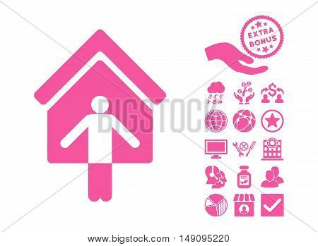 House Owner Wellcome pictograph with bonus symbols. Vector illustration style is flat iconic symbols pink color white background.