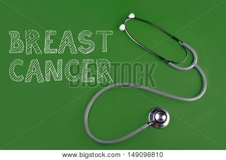 breast cancer disease word with stethscope isolated on green background