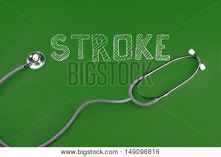stroke disease word with stethscope isolated on green background