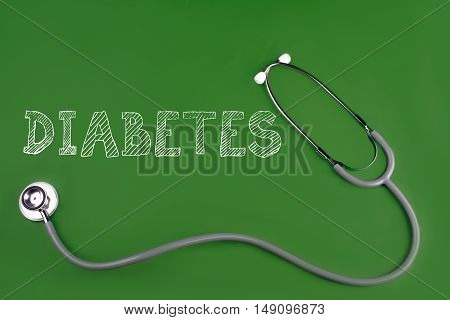 diabetes disease word with stethscope isolated on green background