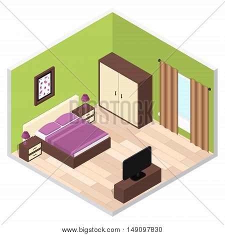 Bedroom Isometric Interior with Furniture. Vector illustration
