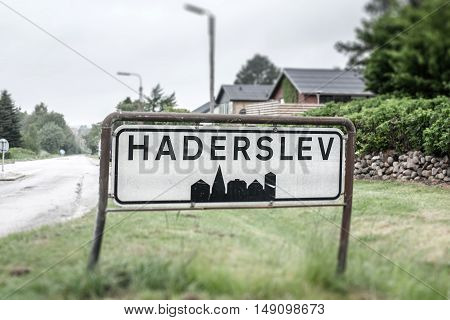 City sign of Haderslev in Denmark in the fall