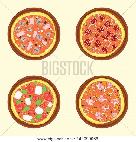 Pizza Set. A Variety Of Types. Flat Design Style. Vector illustration