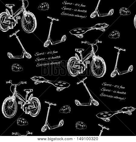 Vector illustration of seamless pattern of hand drawn baby bike, skateboard, Kick scooter, wave board and helmet. Template for wrapping paper.