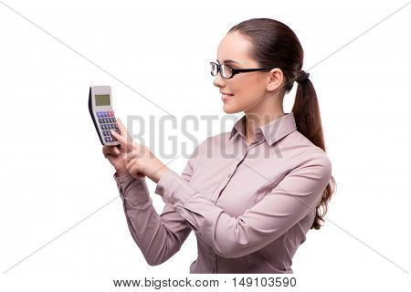 Young businesswoman with calculator isolated on white