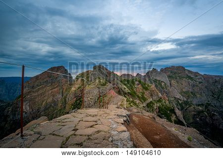 Night is coming in the long hiking path across the mountains of Madeira island.