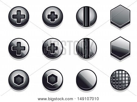 Set of twelve bolts and rivets on white background