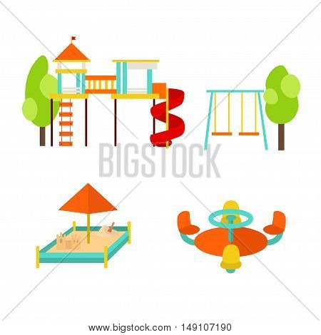 Kids Playground with Elements. City Park Set. Flat Design Style. Vector illustration