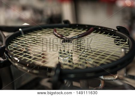 Detail Of Tennis Racket In The Stringing Machine