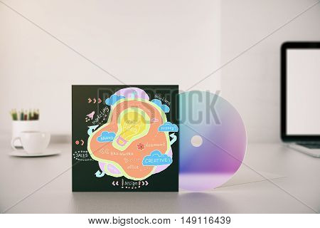 Disk cover with creative light bulb sketch. Idea concept. 3D Rendering