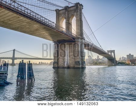 Brooklyn Bridge is a hybrid cable-stayed/suspension bridge in New York City