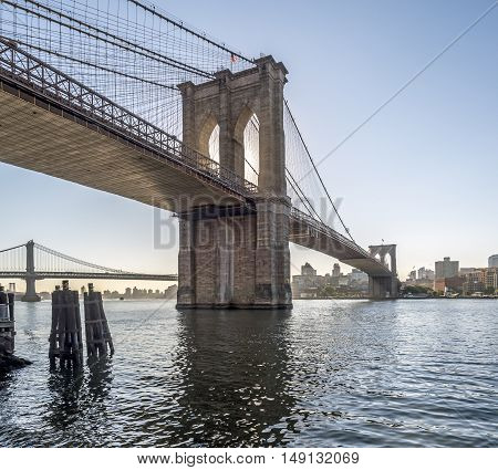 Brooklyn Bridge is a hybrid cable-stayed/suspension bridge in New York City