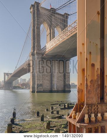 Brooklyn Bridge is a hybrid cable-stayed/suspension bridge in New York City