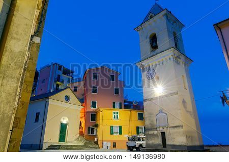 The old narrow street in the medieval Italian village of Manarola at night. Parco Nazionale delle Cinque Terre Liguria Italy.