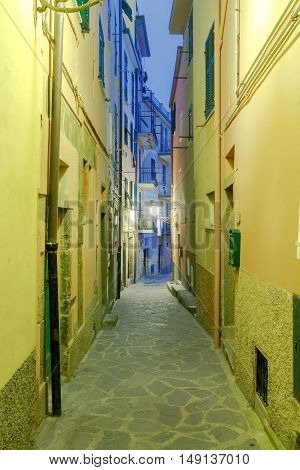 The old narrow street in the medieval Italian village of Manarola at night. Parco Nazionale delle Cinque Terre Liguria Italy.