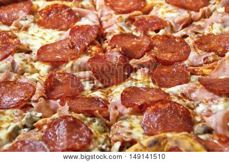 Tasty pizza with sausage and cheese closeup
