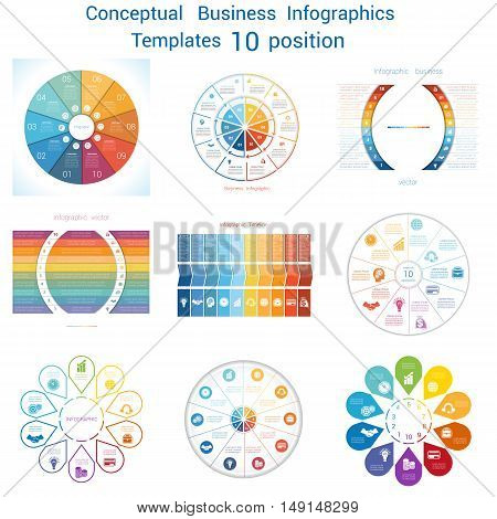Set Vector templates Infographics business conceptual cyclic processes for ten positions text area possible to use for pie chart workflow banner diagram web design timeline area chart