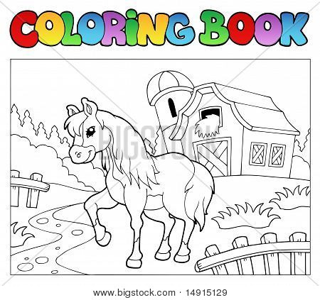 Libro de colorear con granja y caballo