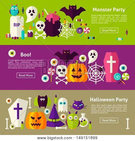 Halloween Party Web Horizontal Banners. Flat Style Vector Illustration for Website Header. Trick or Treat Objects.