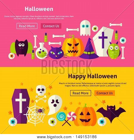 Happy Halloween Website Banners. Vector Illustration for Web Header. Trick or Treat Modern Flat Design.