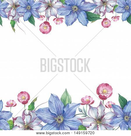 Wildflower clematis flower frame in a watercolor style isolated. Full name of the plant: clematis, wisteria. Aquarelle flower could be used for background, texture, pattern, frame or border.