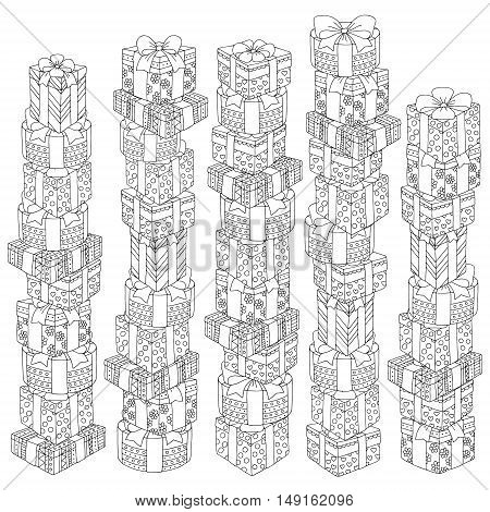Vector hand drawn gifts boxes illustration for adult coloring book. Freehand sketch for adult anti stress coloring book page with doodle and zentangle elements.