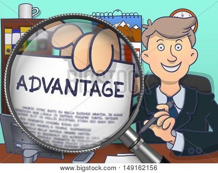 Advantage. Stylish Businessman Sitting in Offiice and Holding a Concept on Paper through Magnifier. Multicolor Doodle Style Illustration.