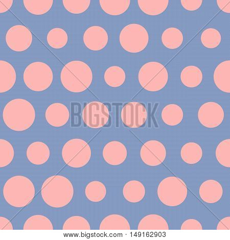 Pink dots on blue bacgkround, vector seamless dotted pattern. Polka dots semless pattern. Pattern for textile prind for dress, vintage fabric