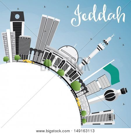 Jeddah Skyline with Gray Buildings, Blue Sky and Copy Space. Vector Illustration. Business Travel and Tourism Concept with Modern Buildings. Image for Presentation Banner Placard and Web Site.
