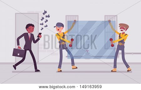 Man walks with smartphone to crash into a sheet of glass. Cartoon vector flat-style concept illustration