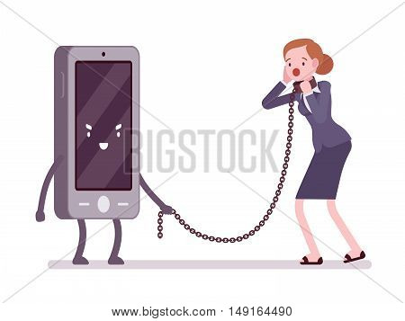 Woman in a metall collar is slaved by her smartphone. Cartoon vector flat-style concept illustration