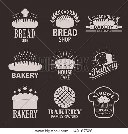 Set of bakery or cakery and bread shop logos, badges, labels and design elements.