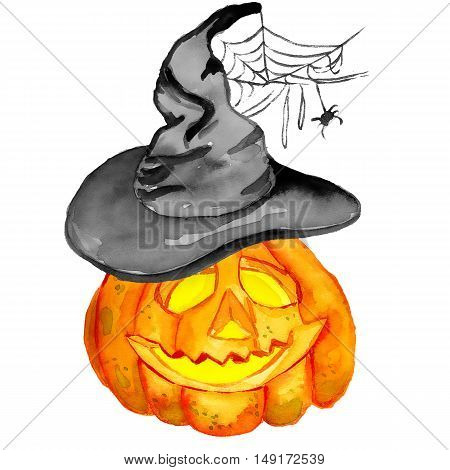 Watercolor Halloween. Hand drawn holiday illustrations isolated on white background: pumpkin in a witch hat with spider web. Artistic autumn decor clip art. Jack O Lantern