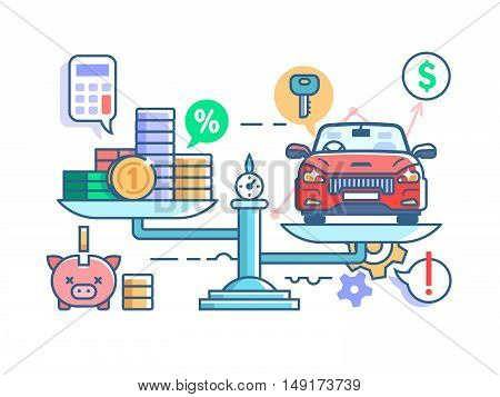 Car and money on scales. Financial evaluation of interest on loan for vehicle. Vector illustration