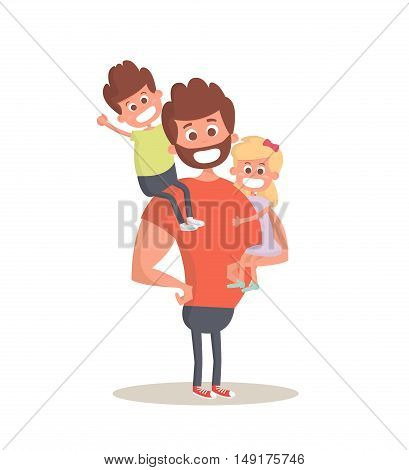Superhero dad concept. Strong Dad holding his two children. Flat style vector icon. Vector Illustration