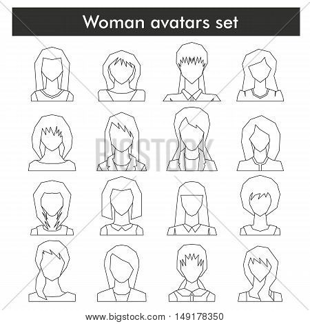 Woman avatars set in black line style. Vector illustration
