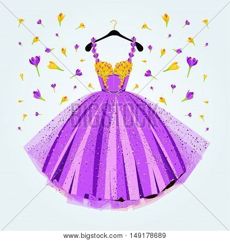 Flower decoreted purple party dress. Fashion vector illustration