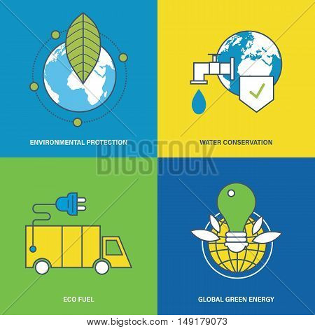 Concept of environmental protection, water conservation, eco fuel, global green energy and preservation of natural harmony. Vector illustration. Can be used for banners, advertising, brochures.