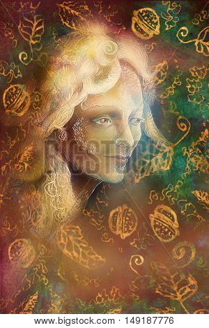 fairytale fairy woman face on abstract background with ornaments.