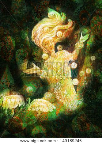 magical radiant fairy spirit in forest dwelling making floating lights.