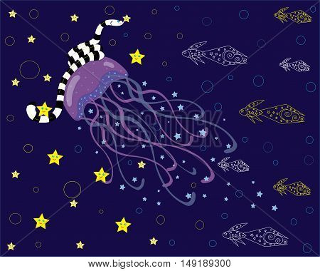 Sea beings, jellyfish, sea serpent, fishes. Illustration.
