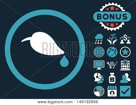 Ecology Leaf icon with bonus pictogram. Vector illustration style is flat iconic bicolor symbols blue and white colors dark blue background.