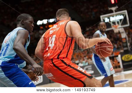 VALENCIA, SPAIN - SEPTEMBER 25th: Dubljevic with ball and Savane during match between Valencia Basket and Estudiantes at Fonteta Stadium on September 25, 2016 in Valencia, Spain