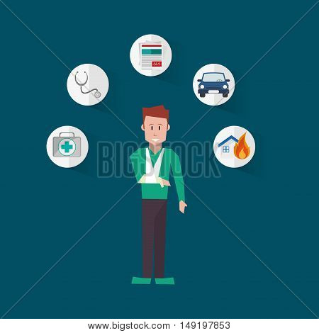 happy injured man with insurance services related icons image vector illustration