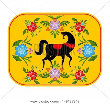 Gorodets Painting Black Horse And Floral Elements. Russian National Folk Craft. Traditional Decorati