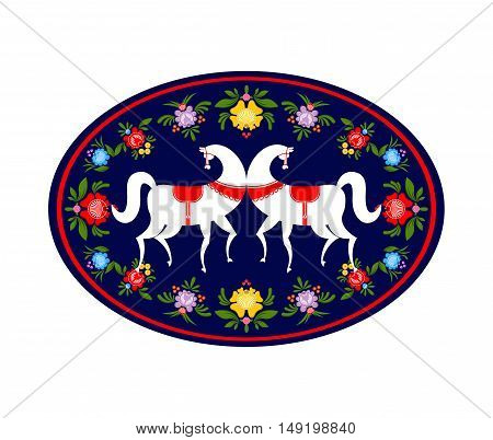 Gorodets Painting White Horse And Floral Elements. Russian National Folk Craft. Traditional Decorati