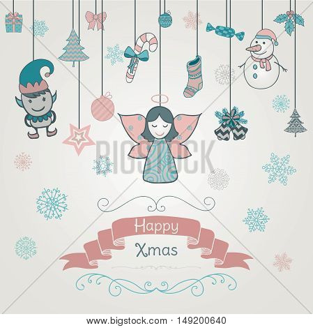 Colorful Hand Drawn Artistic Christmas Doodle Invitation GreetingCard. Xmas Vector Illustration. Sketched Decorative Design Elements, Cartoons. New Year