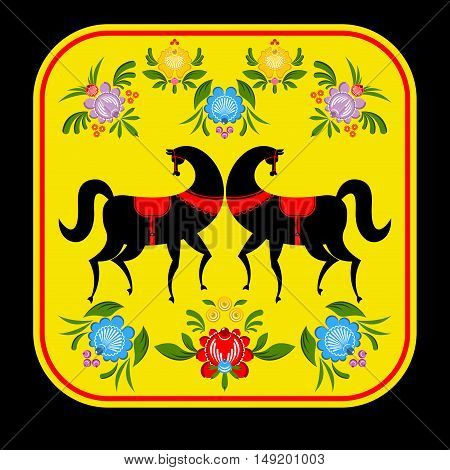 Gorodets Painting Black Horse And Floral Elements. Russian National Folk Craft. Traditional Decorati